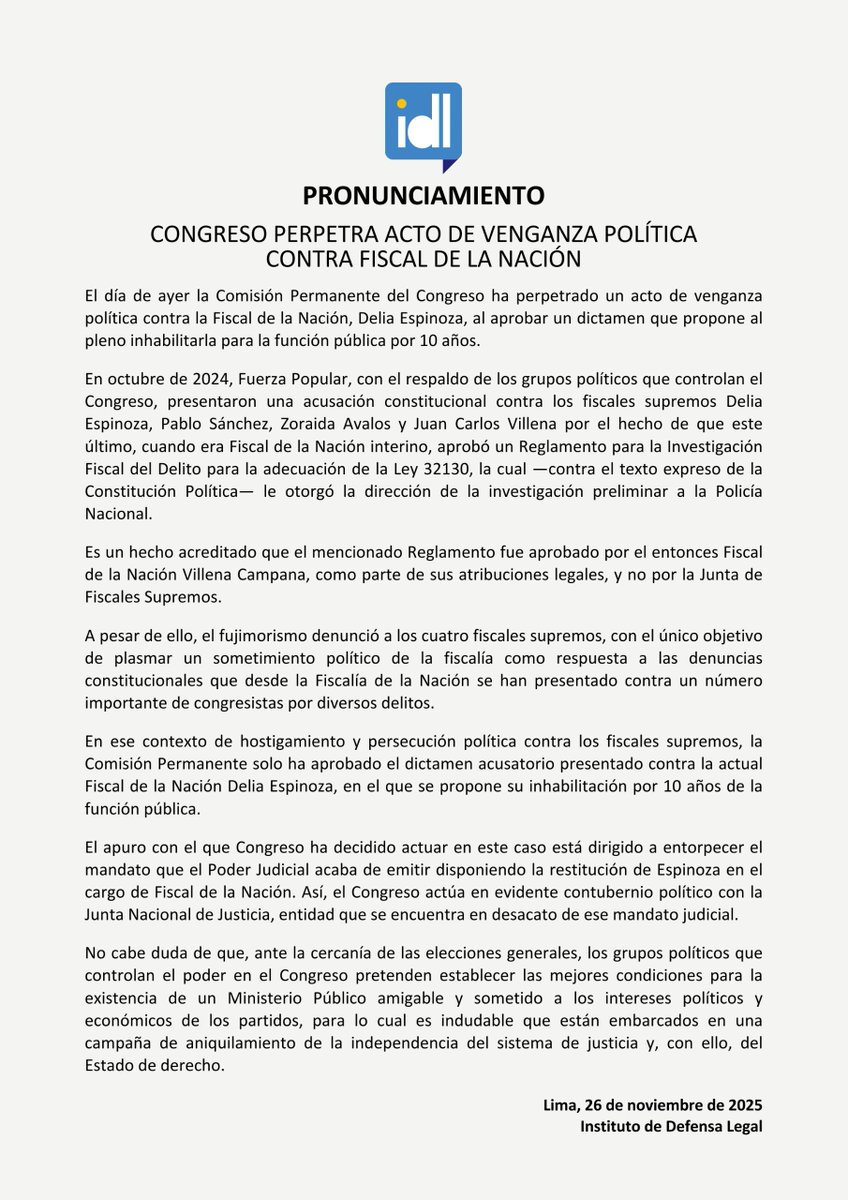 Ideele's tweet image. #IDL PRONUNCIAMIENTO sobre la venganza política del Congreso hacia Delia Espinoza, Fiscal de la Nación.