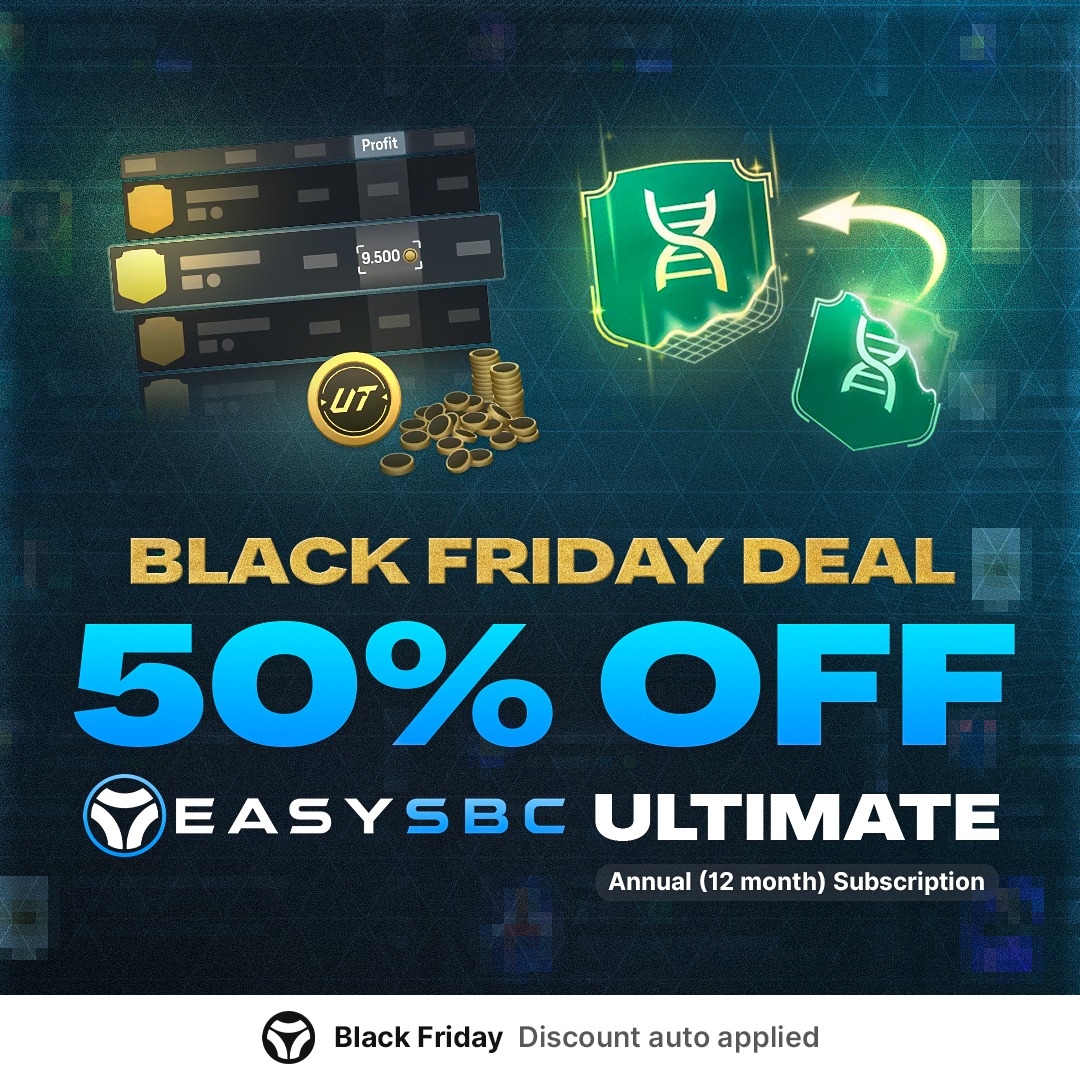 easysbc's tweet image. 🚨 HALF PRICE Ultimate Subscription

This Black Friday we are treating you to 50% off our Annual Ultimate Subscription 🔥

Unlock exclusive features such as Club Import, My Evolutions and so much more - and save yourself almost $50 🚀

No code needed, sign up now on our website!
