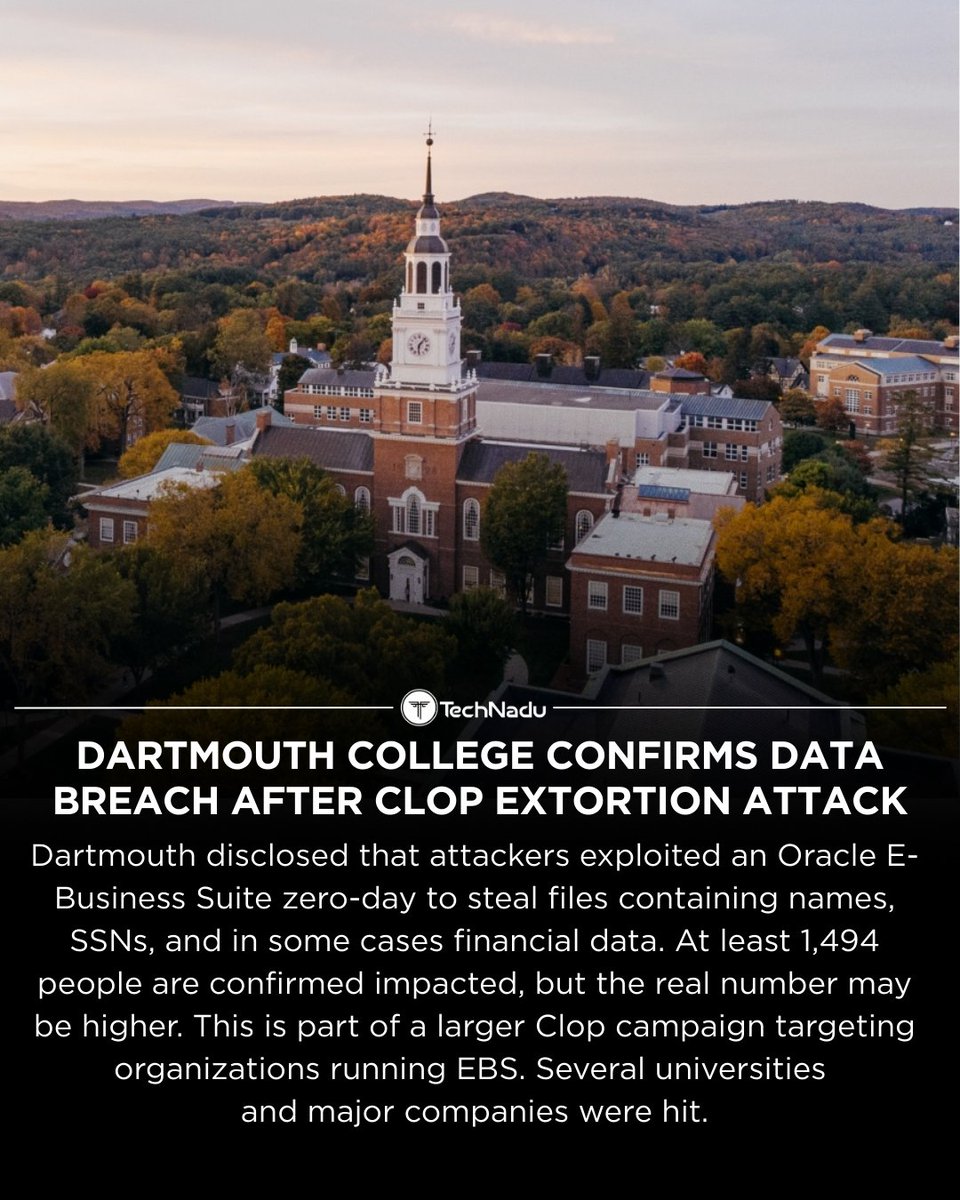 TechNadu's tweet image. Dartmouth College confirms a data breach after the Clop extortion group leaked files allegedly taken via an Oracle E-Business Suite zero-day.

At least 1,494 individuals are directly affected, with more potentially impacted.

💬 What’s the bigger risk for universities - legacy…