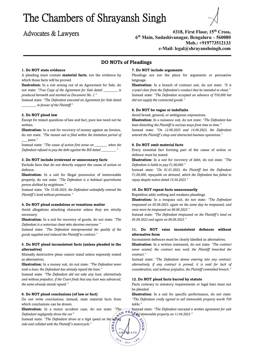 _shrayanshsingh's tweet photo. Every Plaint or Written Statement I've read so far across 13 States, none of them adhered to the law of pleadings.

I want to share much more on what a pleading should look like, but here's a DOZEN points you can take note of.

Also, as Winter Vacations are around the corner, would you be up for a small 3-day cohort where we discuss drafting in detail?