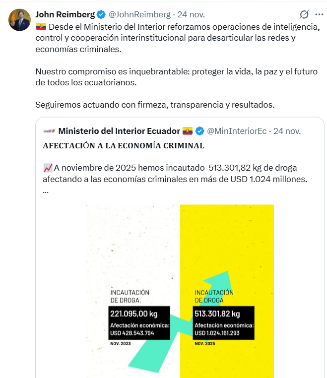 gabiguerreroi's tweet photo. Un sicariato a plena luz en Samborondón, un Porsche perforado con más de 20 disparos, estamos a nada de   cerrar el año como el más sangriento de nuestra historia.
Y frente a eso, ¿qué ofrece el Ministerio del Interior? Láminas color pastel celebrando kilos de droga retenidos, como si la ciudadanía viviera de infografías y no de miedo.

Este es el truco: cuando el Estado pierde control territorial, convierte cualquier incautación en “logro” para disimular que las mafias siguen operando con precisión militar.
Porque sí, pueden mostrar toneladas decomisadas…
pero no pueden mostrar barrios recuperados, homicidios en descenso, territorios pacificados, ni vidas salvadas.
No pueden mostrar lo que no existe.

Esa obsesión por las cifras no es gestión: es maquillaje.
Una estrategia de distracción para esconder la verdad que todos vemos: la violencia dejó de ser excepción y se volvió sistema, y el ministro no solo es incapaz de revertirlo, sino que pretende que aplaudamos su propaganda mientras el país se desangra.

@JohnReimberg
