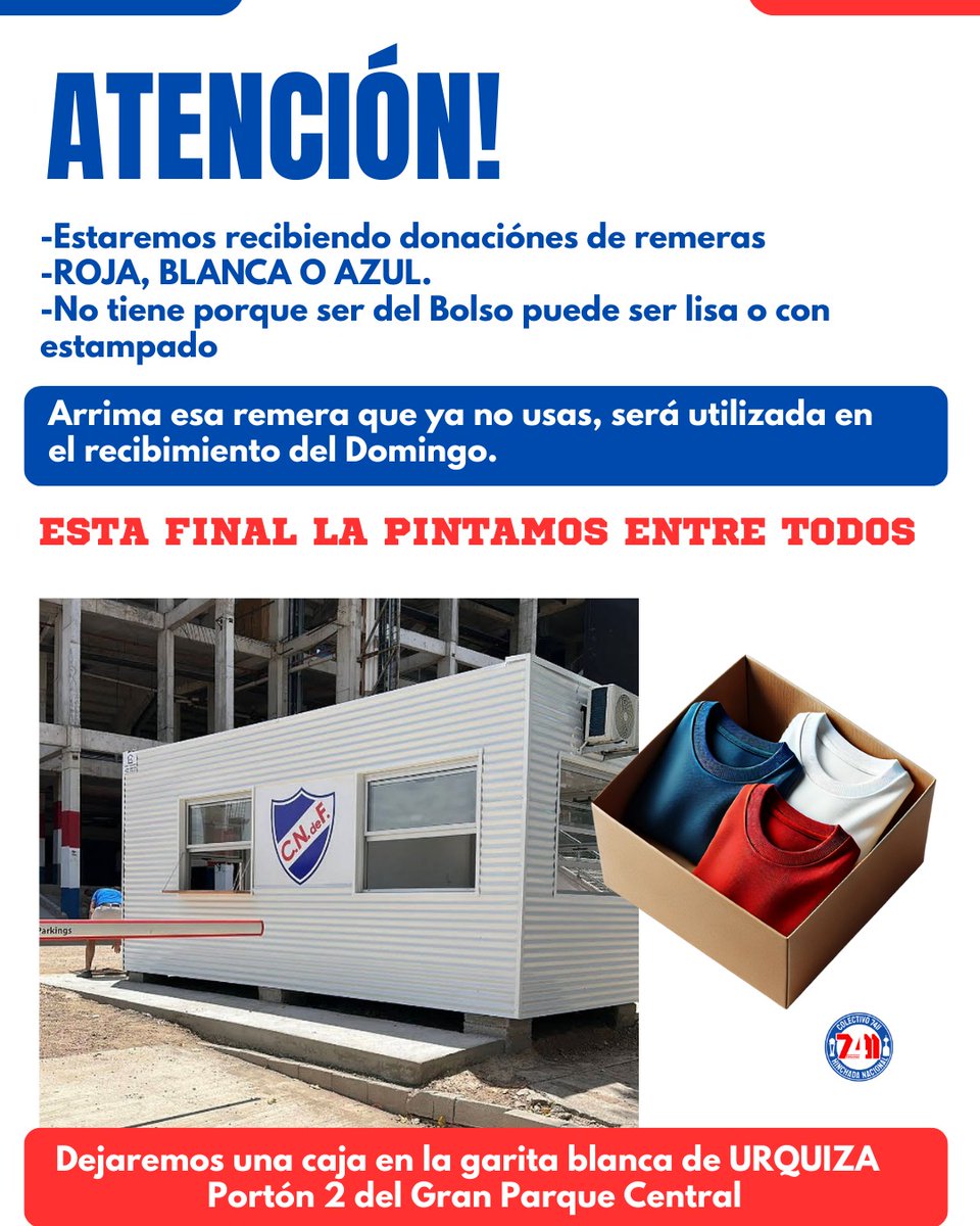 7411Hinchada's tweet image. ATENCION: estaremos recibiendo remeras de cualquier tipo de color ROJO- BLANCO -AZUL para utilizar en el recibimiento del próximo domingo (nuevas o usadas).
IMPORTANTE: Le pedimos a todos los hinchas a colaborar con el recibimiento e ir con el color que corresponde a su tribuna,