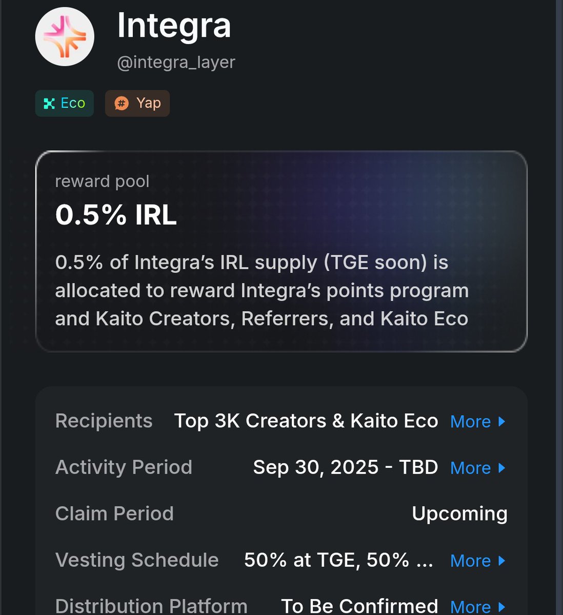cryptoman427255's tweet image. 0.5% of @integra_layer’s $IRL supply is allocated to reward Integra’s points program and Kaito Creators, Referrers, and Kaito Eco