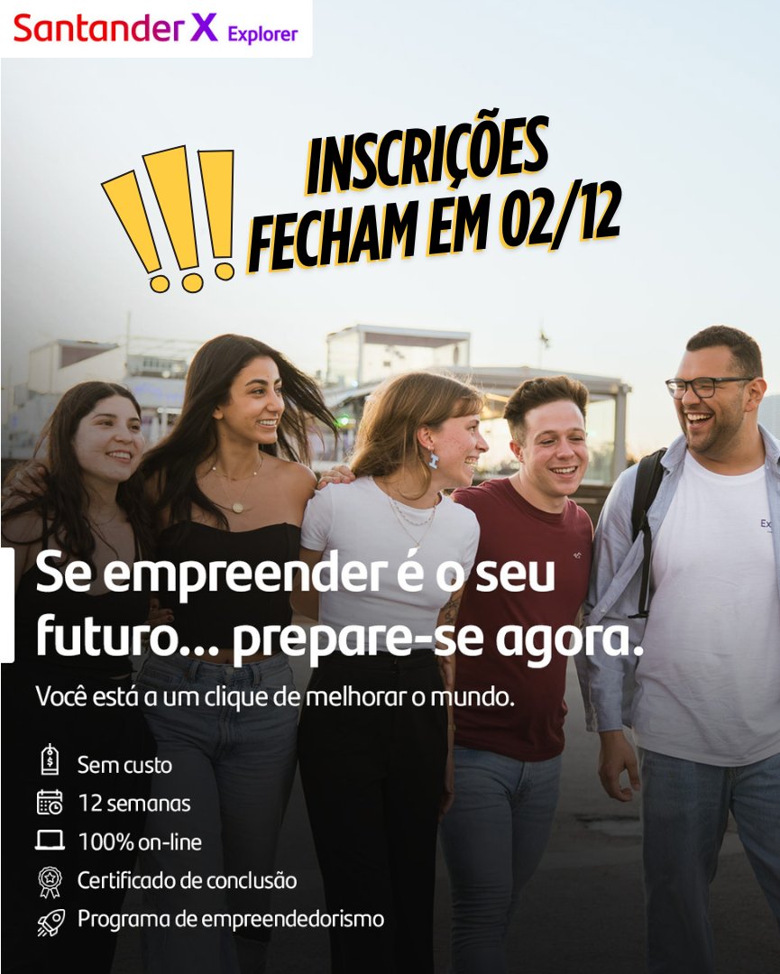Programa Santander X Explorer está com inscrições abertas!

!!! INSCRIÇÕES FECHAM 02/12 !!!

Estudantes da UFRGS já podem se inscrever na nova convocatória do programa de empreendedorismo Santander X Explorer!

➕ Informações no link: link.explorerbyx.org/FXAB