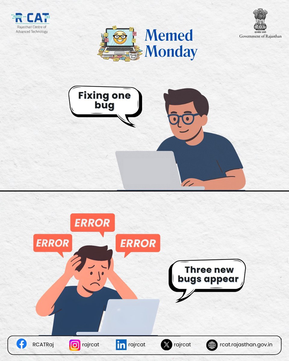 rajrcat's tweet image. The real experience: you fix one bug, and three more appear right behind it.
Coding isn’t just a skill; it’s an adventure.

#MemeMonday #CodingHumor #FullStackDeveloper #RCAT #TechLife #ProgrammingMeme #Debugging #SkillDevelopment #WebDevelopment #TechStudents