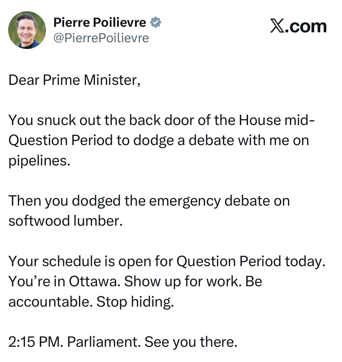 MarcNixon24's tweet image. BREAKING: Pierre Poilievre just roasted Mark Carney calling him out for hiding from question period after getting humiliated yesterday

Carney wants to be Prime Minister but can’t even handle Question Period he should resign

Pierre just dropped the hammer. 🔥