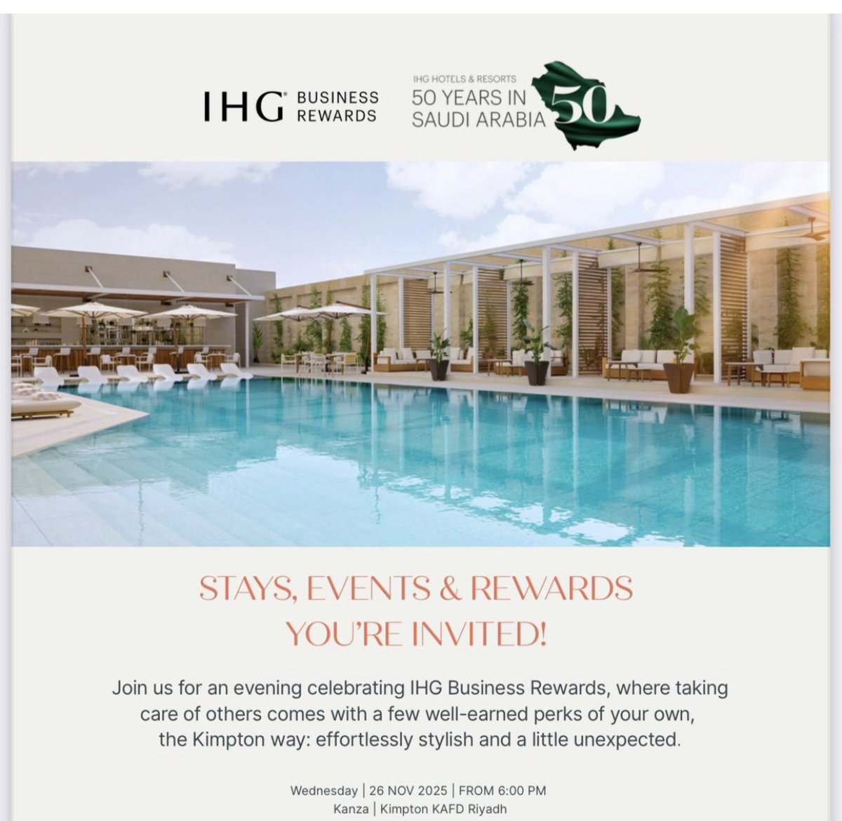شكرا مجموعة فنادق إنتركونتينتال على دعوتكم لحضور الاحتفال في مرور 50عام في المملكة العربية السعودية شكرا لكم