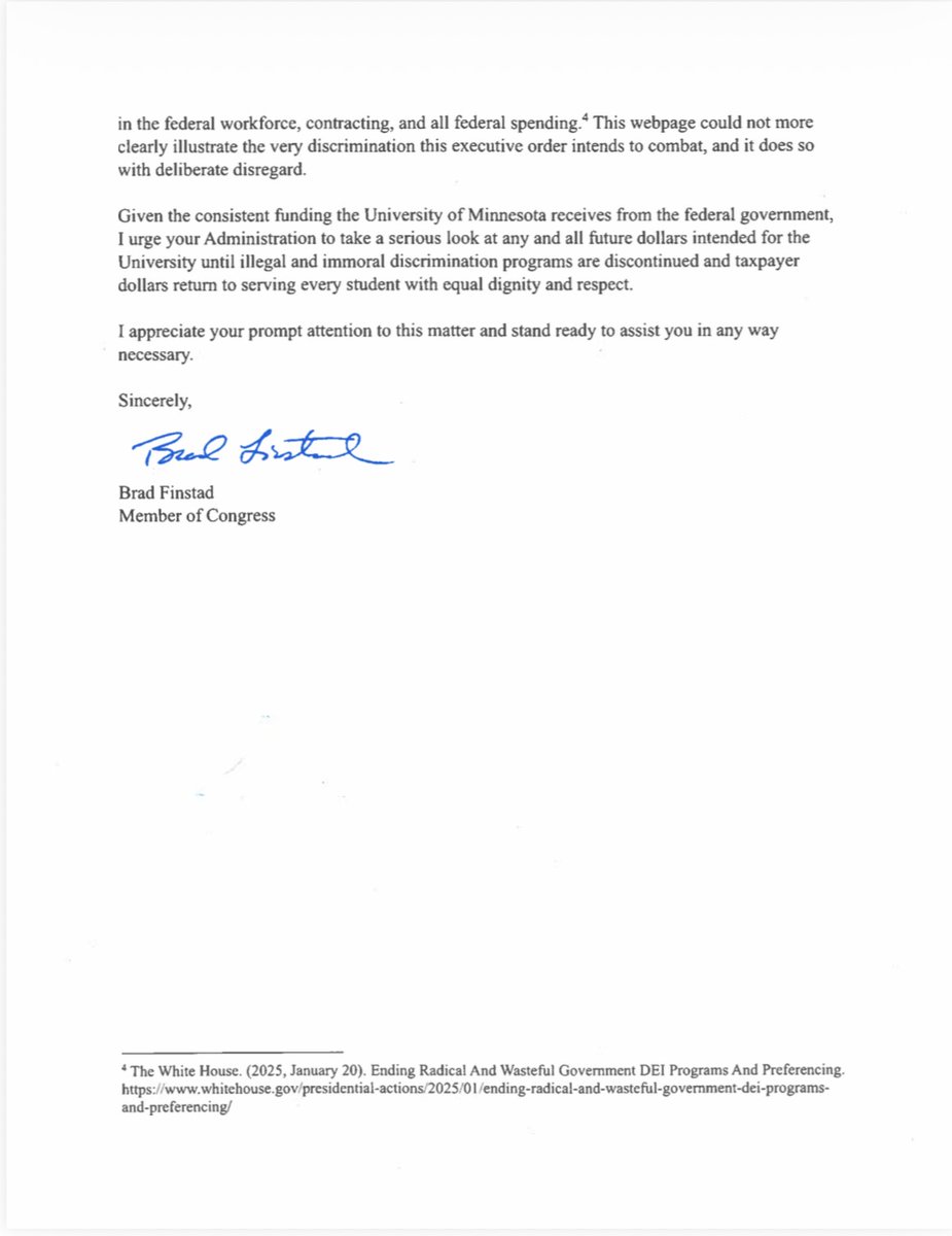 RepFinstad's tweet image. On day one of this administration, @POTUS put an end to bogus DEI programs on the taxpayers’ dime, yet the University of Minnesota has continued to promote racial discrimination with its “Whiteness Pandemic” website. 

I’ve asked OMB Director Vought to take a hard look at the U’s…