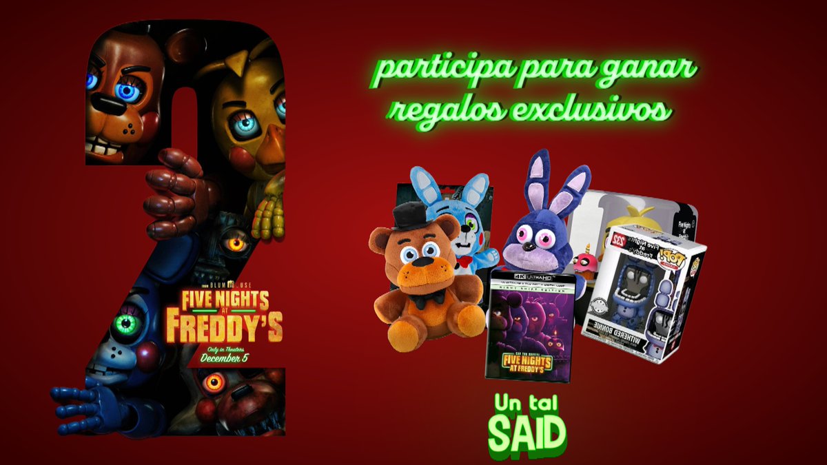 ElTalSaid's tweet photo. ¡Tenemos regalos para los fans de FNAF! 🐻🍕

El equipo y yo tomamos la decisión de traerles regalos para los más fans y pueden ser suyos.

Desde Funkos, peluches, coleccionables hasta una copia de la película original en 4K para coleccionar.

Así que si quieres que liberemos la dinámica la meta será 300 likes, 300 RT y 300 comentarios con el #FNAF2Película, puedes comentar las veces que sean hasta llegar a la meta.

No olvides que Five Nights at Freddy´s 2 llega el 4 de diciembre a cines.