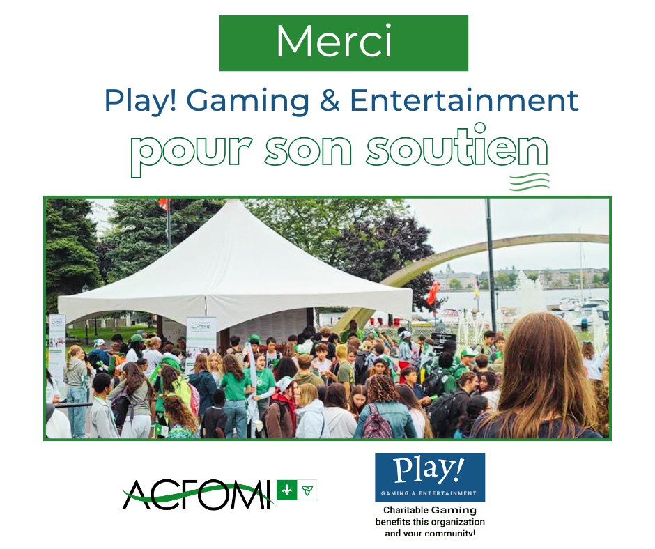L’ACFOMI tient à remercier chaleureusement #PlayGaming&amp;Entertainment pour son appui précieux.

Grâce à leur soutien, nous sommes en mesure d’organiser et de promouvoir des activités en français à travers la région de Kingston et des Mille-Îles.