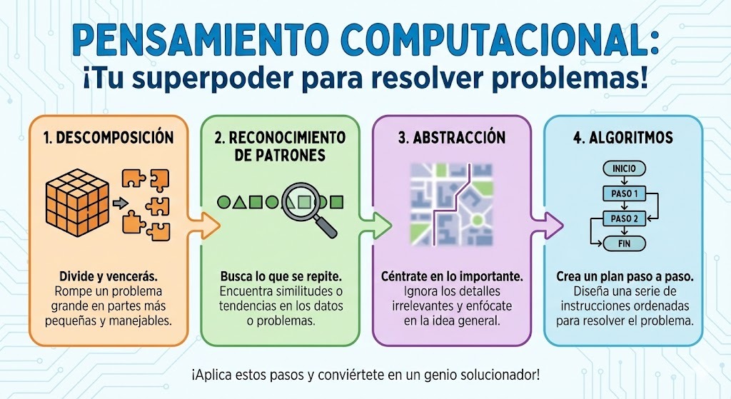 alexayelo's tweet image. ¡Tu nuevo superpoder para resolver problemas ya está aquí! 

No necesitas ser un experto en código para usar el #PensamientoComputacional.

Mira la infografía y descubre los 4 pasos para convertirte en un crack solucionando retos. 🧐👇 #Informatica #Aprender #Secundaria