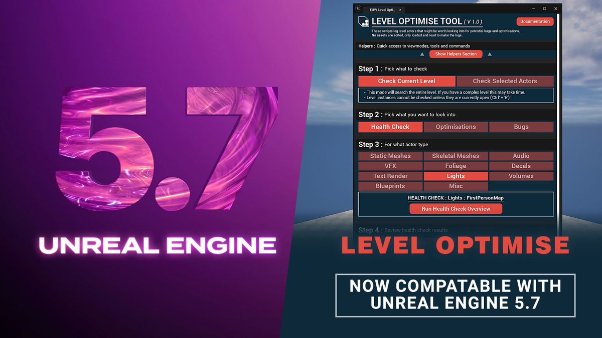 I’ve updated Level Optimise to support Unreal Engine 5.7! 

Get it on FAB 👇
buff.ly/AwkMYA0 

The tool searches your #UE5 Level actors for bugs and optimisation issues

Things like missing LODs/Nanite, lights with no max draw distance, shadow-casting lights, audio