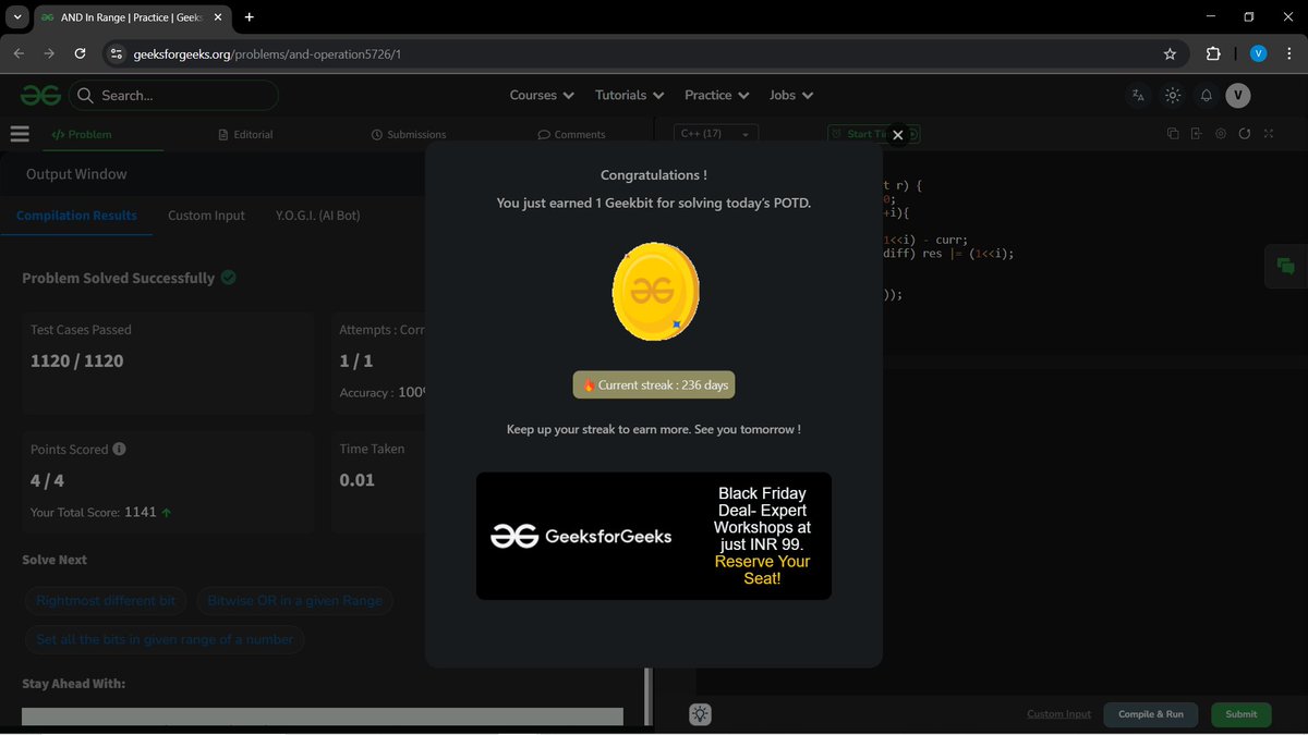 a_gupta30206's tweet image. Hey BitBuddies 💻✨!!
Day 87 of my #100DaysOfCode challenge 🚀🔥
🟢 LeetCode POTD:
 Paths in Matrix Whose Sum Is Divisible by K

🟢 GFG POTD:
 AND In Range
Learning. Solving. Leveling up every day 💪✨
#leetcode #geeksforgeeks #coding #buildinpublic #DevCommunity #CodeNewbie