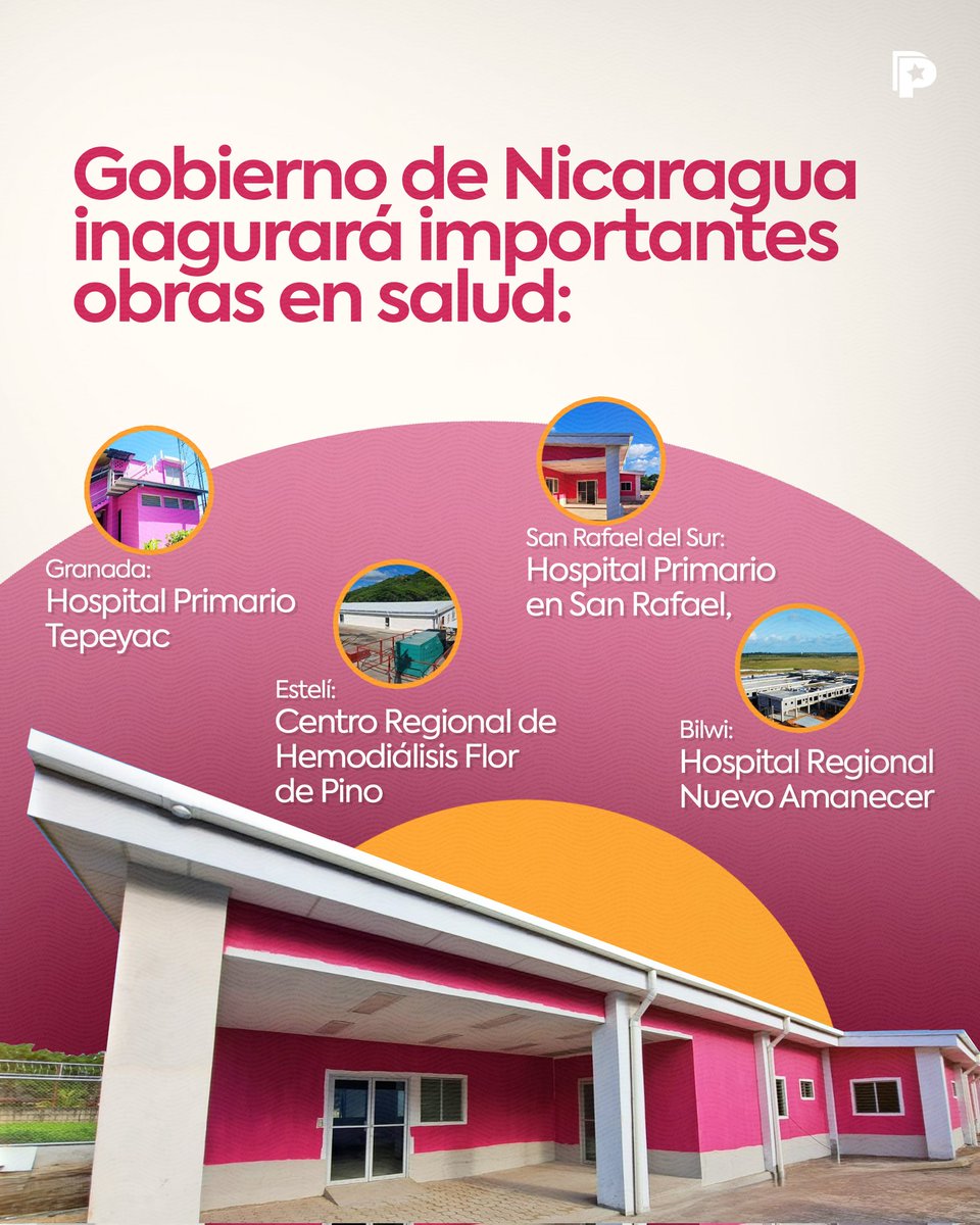 El Gobierno inaugurará próximamente tres hospitales y un centro regional de hemodiálisis.

📍 Granada: Hospital Primario Tepeyac
📍 San Rafael del Sur: Hospital Primario
📍 Bilwi: Hospital Regional Nuevo Amanecer
📍 Estelí: Centro Regional de Hemodiálisis Flor de Pino