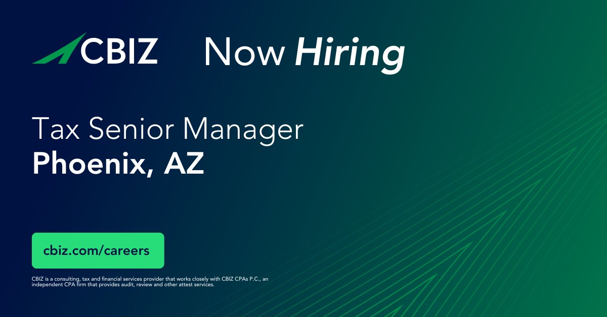 Career opportunity in the Southwest! 🌵 <a href="/cbz/">CBIZ</a> is seeking a highly skilled Tax Senior Manager to join our team in #Phoenix. 

If you're ready to take the next step in your career and work with a supportive, dedicated team, click here:  okt.to/q7kZle

#NowHiring