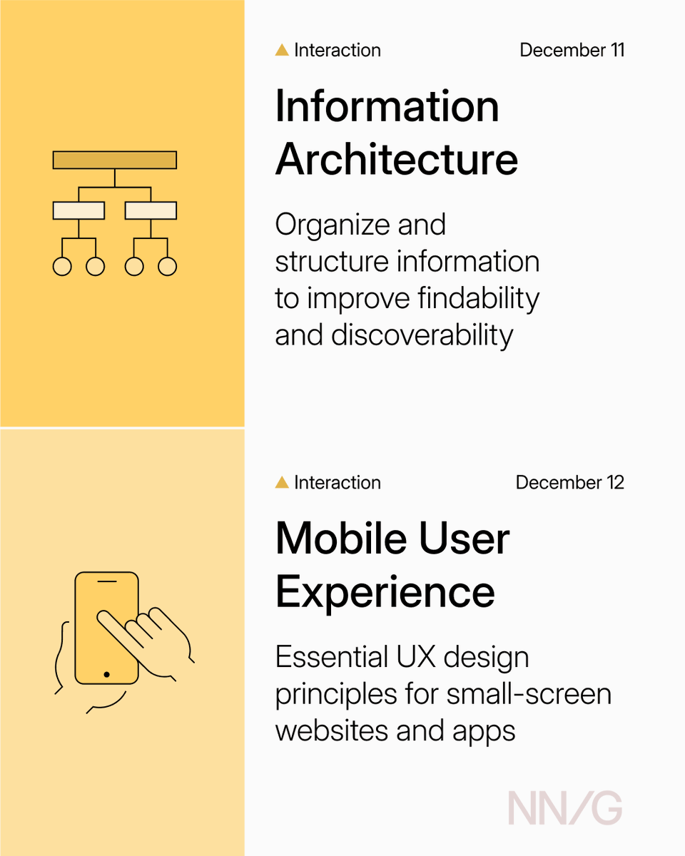 NNgroup's tweet image. Don’t miss out on our last chance to take one of our Live Online courses this year! Join us this December 6-12 for one of 38 courses: 
bit.ly/4eNfbpy

#UX