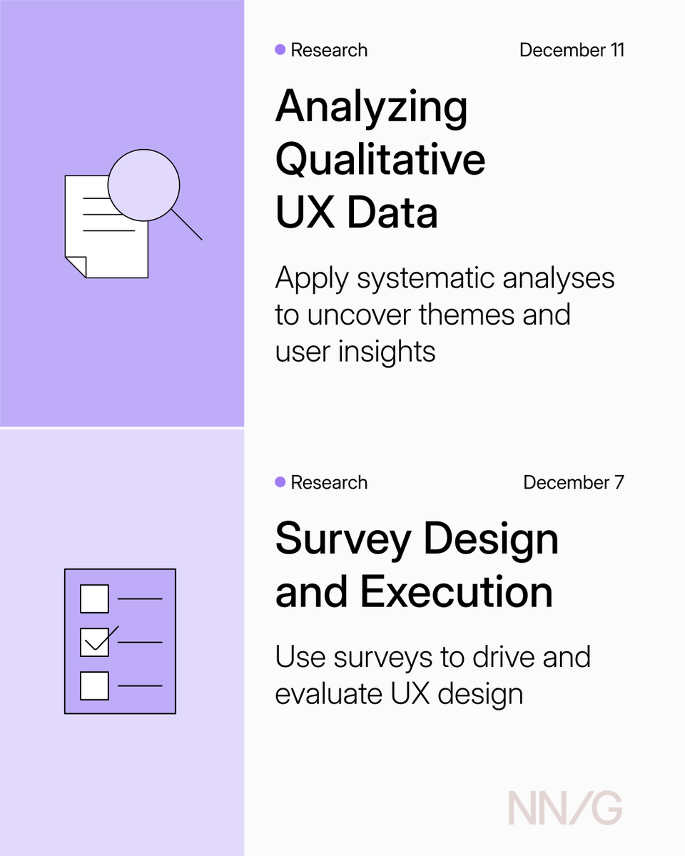 NNgroup's tweet image. Don’t miss out on our last chance to take one of our Live Online courses this year! Join us this December 6-12 for one of 38 courses: 
bit.ly/4eNfbpy

#UX