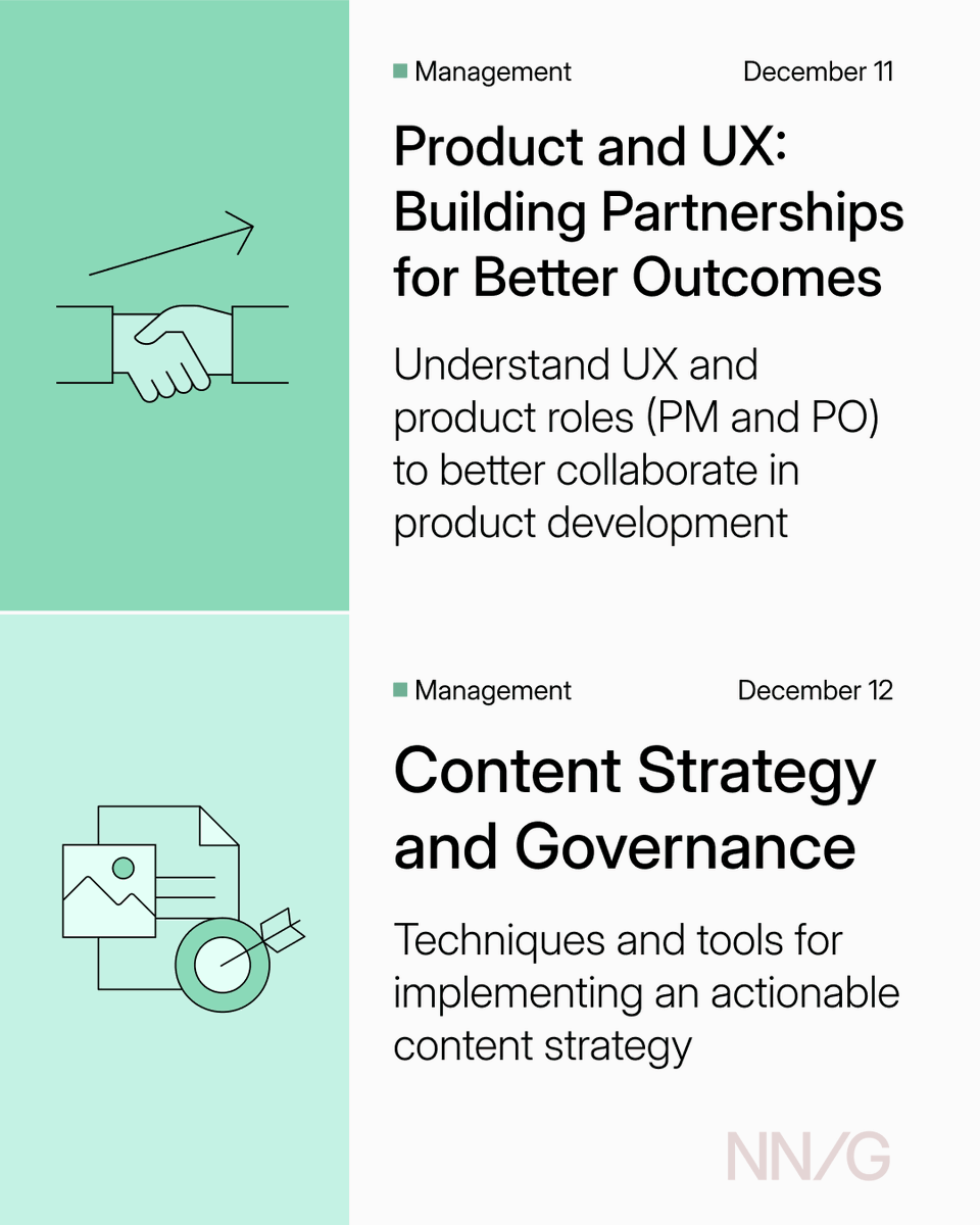 NNgroup's tweet image. Don’t miss out on our last chance to take one of our Live Online courses this year! Join us this December 6-12 for one of 38 courses: 
bit.ly/4eNfbpy

#UX