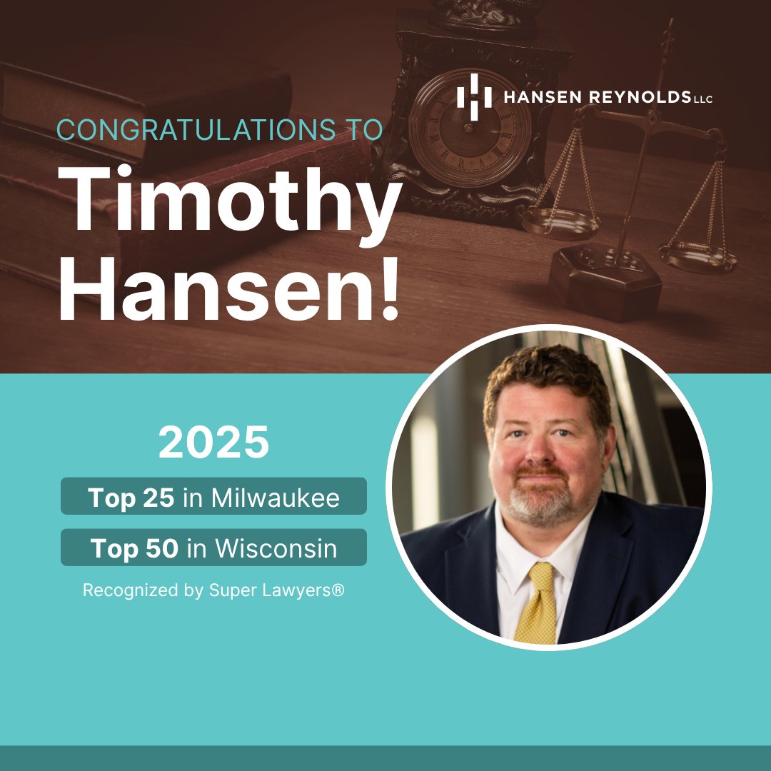 HansenReynolds's tweet photo. A special congratulations to Tim Hansen, who received an extra distinction from @SuperLawyers  for the 8thyear in a row and was recognized as one of the Top 25 Lawyers in Milwaukee and Top 50 Lawyers in Wisconsin for Business Litigation!

#HansenReynolds #SuperLawyers2025 #MKE https://t.co/B32dG7tsOb