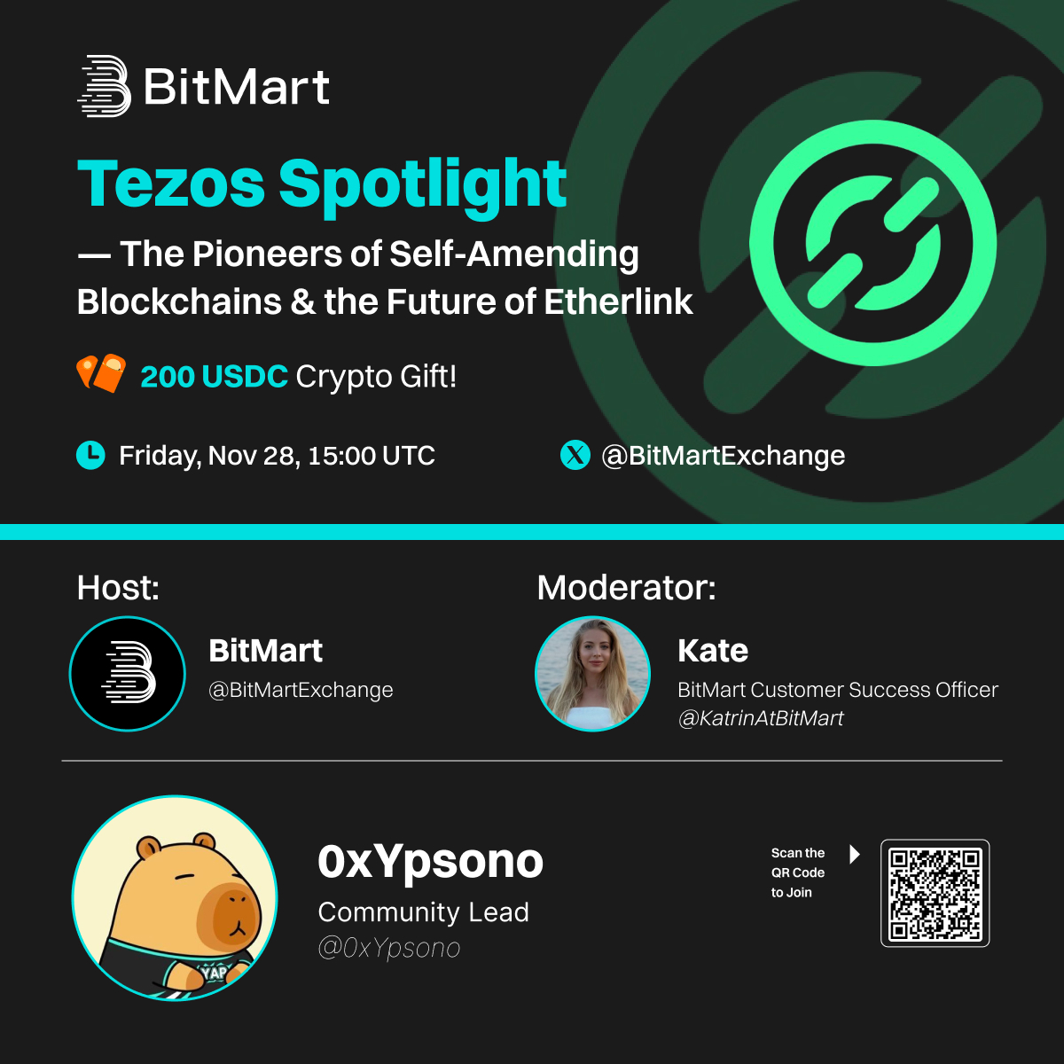 BitMartExchange's tweet image. 🎙️ Join the next BitMart Interview Series:  

“Tezos Spotlight — The Pioneers of Self-Amending Blockchains &amp;amp; the Future of Etherlink”  

📅 Friday, November 28 | 15:00 UTC 
👉 Set a reminder: 

🎤 Host: Kate @KatrinAtBitMart 

🔗 Guest: 0xYpsono @0xYpsono,…