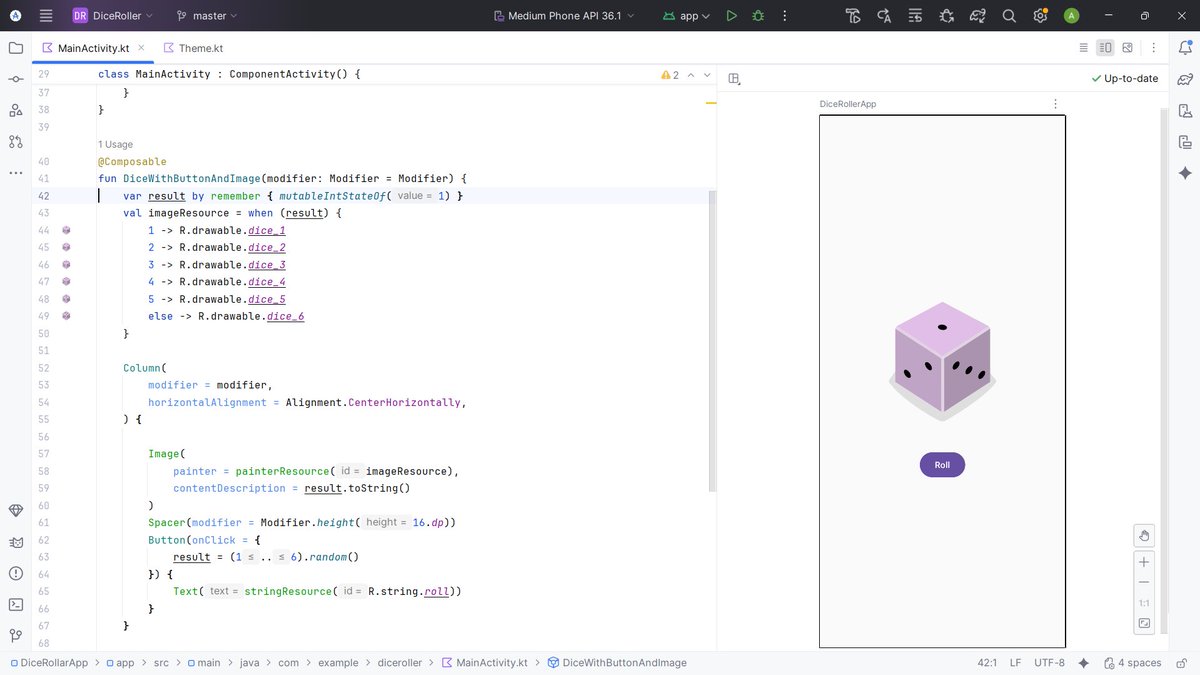 AnandDangwal12's tweet image. #Day14 #AndroidAppDevelopment #LearnInPublic 

✅Completed  &quot;Create an interactive Dice Roller app&quot; Codelab.
✅Completed  &quot;Use the debugger in Android Studio&quot; Codelab.
✅Created a basic Dice Roller app.
App link: github.com/AnandDangwal/D…

Ongoing Codelab: Practice Click behavior.…