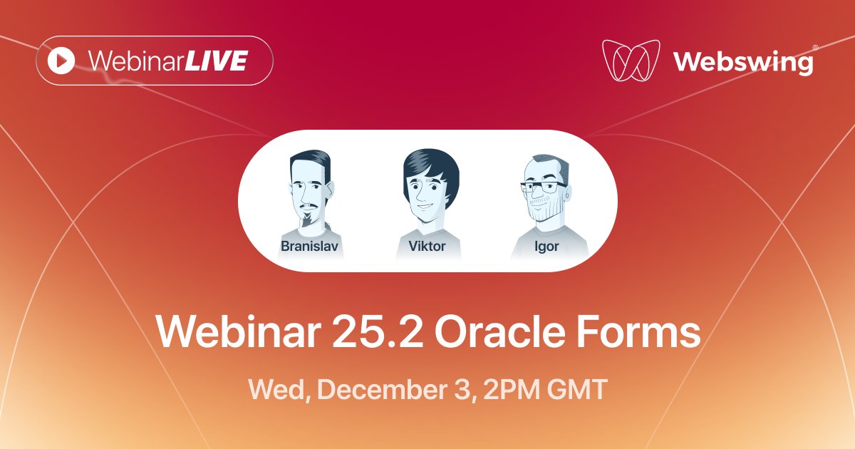 Webswing_org's tweet image. Webswing 25.2 brings a major milestone: Oracle Forms in the browser while no code changes are required. We’ll walk through what’s new and show live demos. 

Reserve your spot now
app.livestorm.co/webswing/intro…

#java #oracleforms #eclipse #swt  #LegacyModernisation #JavaApps #oracle