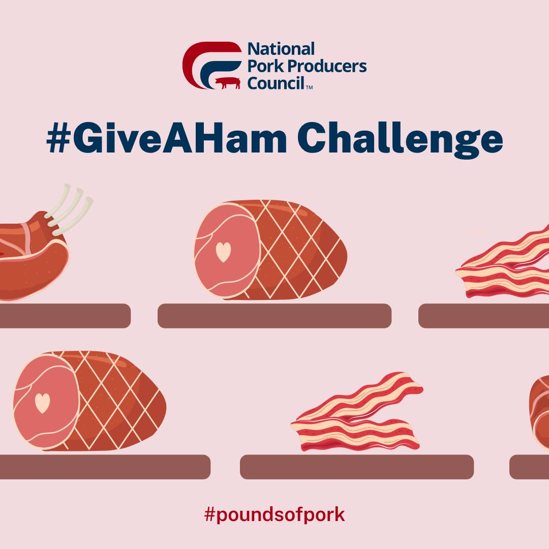 NPPC's tweet image. The 2025 #GiveAHam challenge is here! 🐖

Producers, partners, and friends—donate pork to local food banks, share your story with #GiveAHam and #PoundsOfPork, and encourage others to join in. Lend a helping ham and bring home the bacon by giving the gift of pork this season!