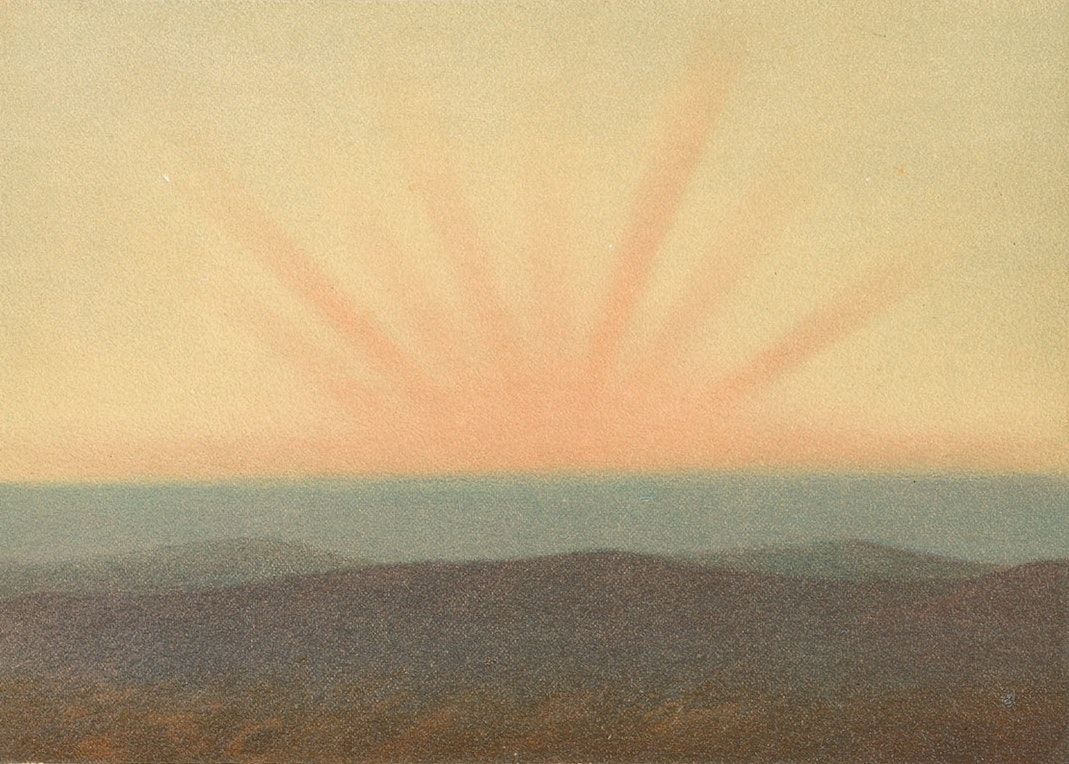 PublicDomainRev's tweet photo. Beautiful series of images by Eduard Pechuël-Loesche from an 1888 book on the strange skies produced the world-over after the 1883 eruption of Krakatoa.⠀⠀

More here: https://t.co/0Kvjk5Tbjm https://t.co/OYXCfnKHsb