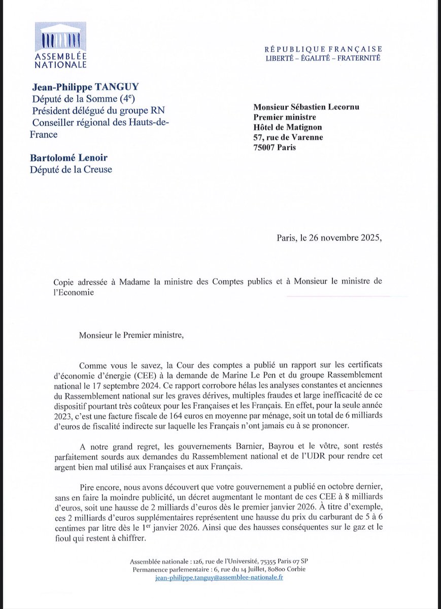JphTanguy's tweet image. Le RN et l’UDR demandent à @SebLecornu de retirer son décret augmentant de 2 milliards d’euros une taxe sur le carburant, le fioul, le gaz et l’électricité pour le 1er janvier 2026.

Ces taxes se traduiront par une hausse de 3€ pour un plein de carburant et sur toutes les autres…