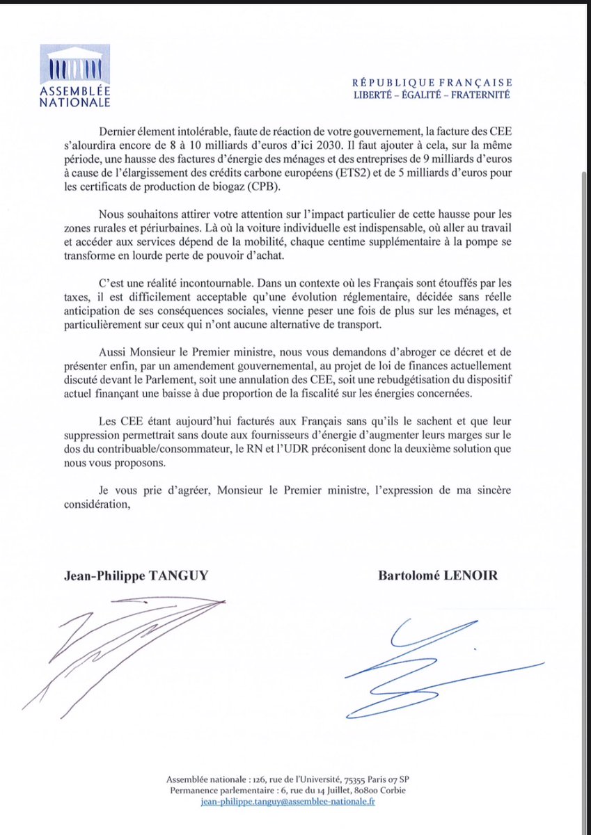 JphTanguy's tweet image. Le RN et l’UDR demandent à @SebLecornu de retirer son décret augmentant de 2 milliards d’euros une taxe sur le carburant, le fioul, le gaz et l’électricité pour le 1er janvier 2026.

Ces taxes se traduiront par une hausse de 3€ pour un plein de carburant et sur toutes les autres…