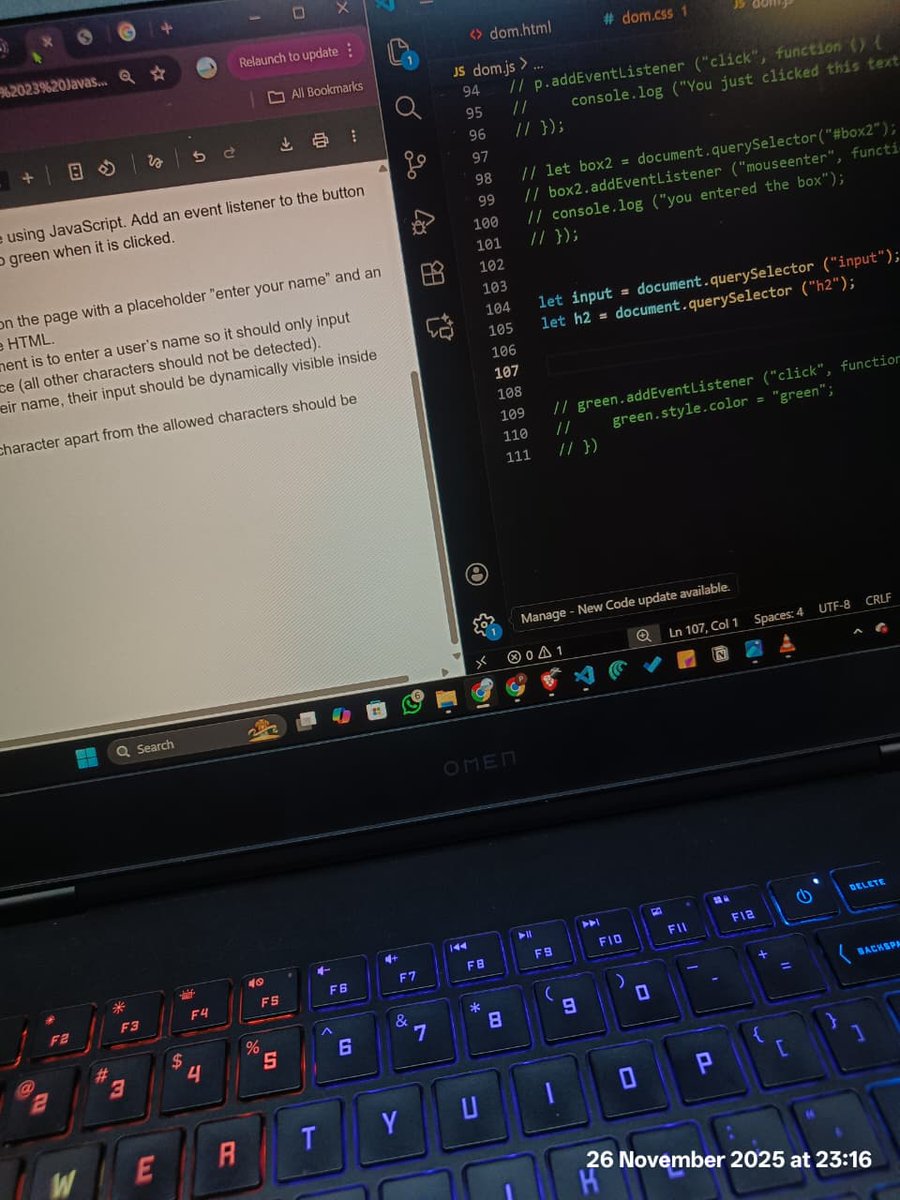 growing_phool's tweet image. #Day 53 of #90dayscodingchallenge 
- did a workout.
- solved one problem on event listener in js.
- programming duration is declining since 2 3 days, will comeback tomorrow.
47 days to go.
Signing off.
#WinterArc #WebDevelopment #BuildInPublic