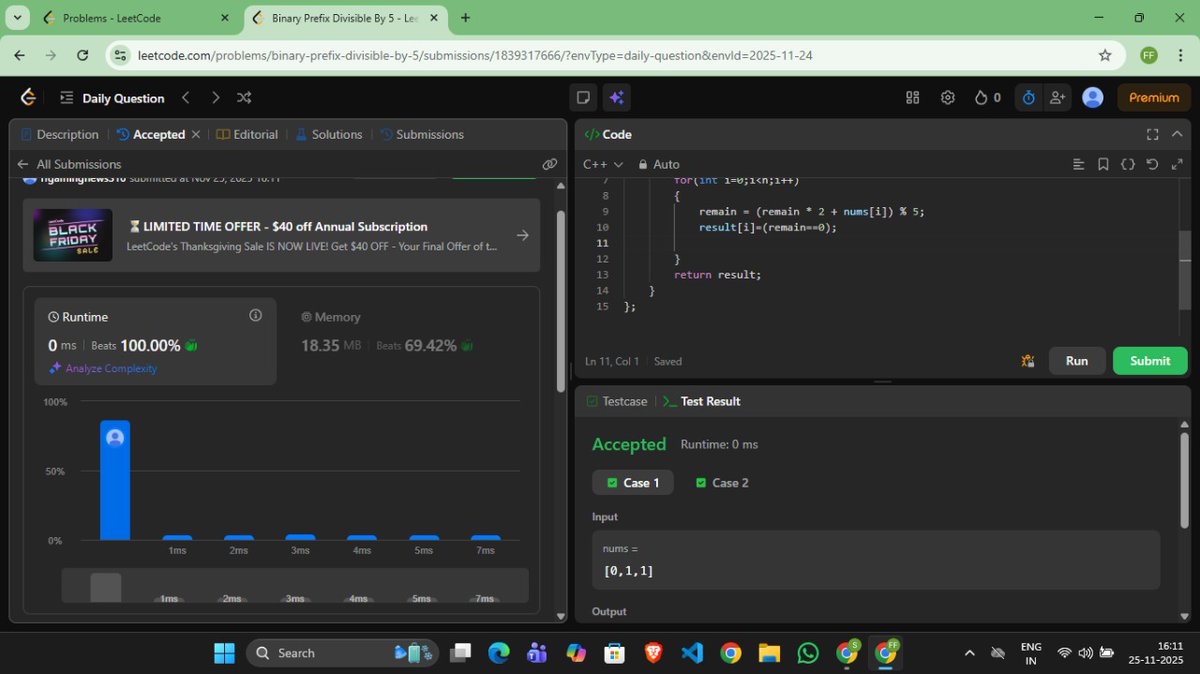 Samir_kumar19's tweet image. Day 39 of #100DaysOfCode 🚀
1️⃣ Continued working on my React + Tailwind mini project
2️⃣ Solved today’s LeetCode POTD #1018 (Binary Prefix Divisible by 5)
⚡ Productivity: Medium

#ReactJS #TailwindCSS #LeetCode #BuildInPublic #CodingJourney