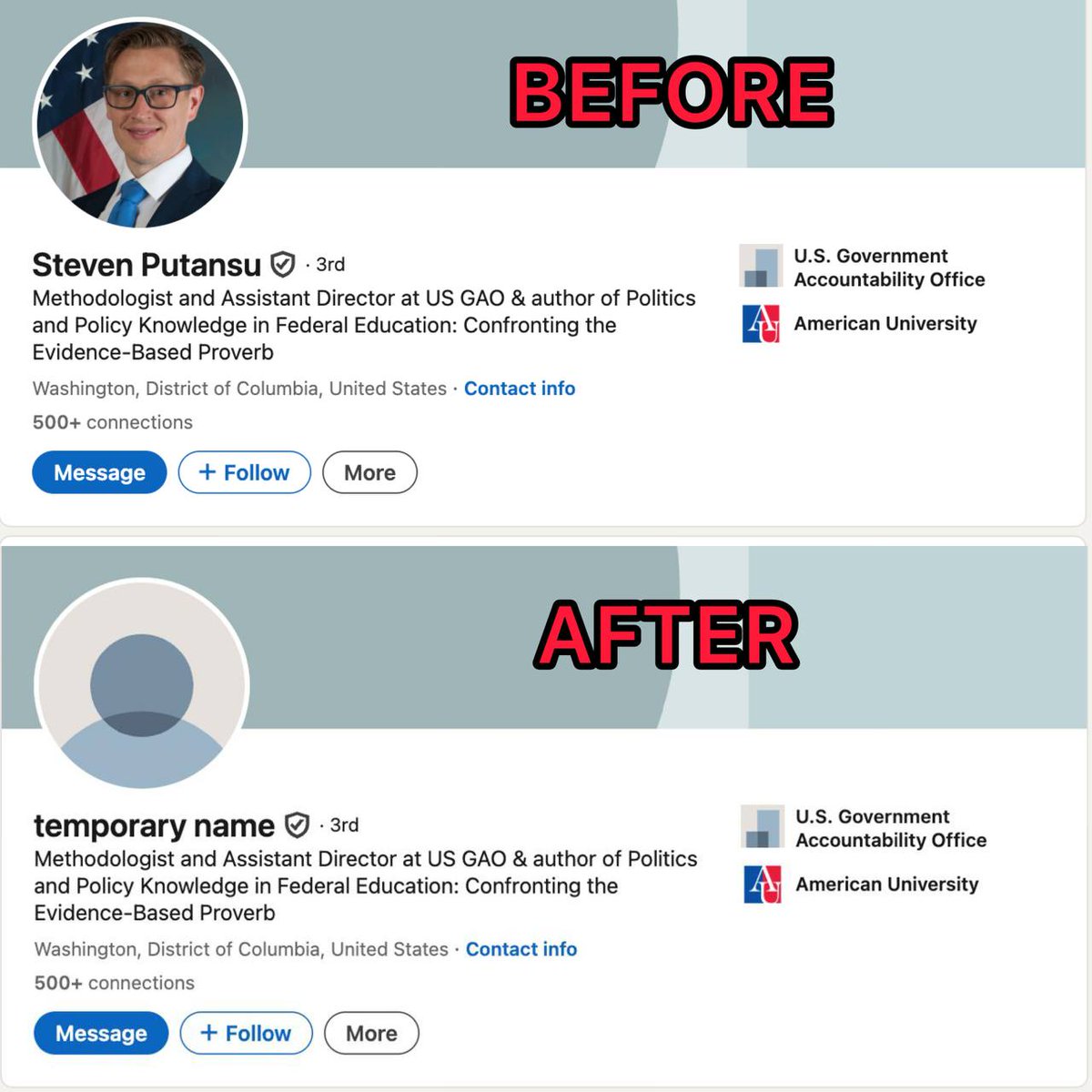 OKeefeMedia's tweet image. UPDATE: GAO Assistant Director Steven Putansu Removes Name &amp;amp; Photo from LinkedIn Profile following O&apos;Keefe Media Group Undercover Investigation. 

According to his profile, Putansu is a 16-year veteran of the agency &amp;amp; a current professorial lecturer at American University.…