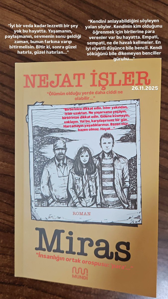 "Birbirinize dikkat edin. İster yakından, ister uzaktan. Ne yaşarsanız yaşayın, birbirinize dikkat edin. Gidene küsmeyin, saklayın. Yol bu, karşılaşırsınız bir gün. Harcamayın yaşadıklarınızı. Bazen olur, bazen olmaz. Hayat..."

#Nejatİşler #miras