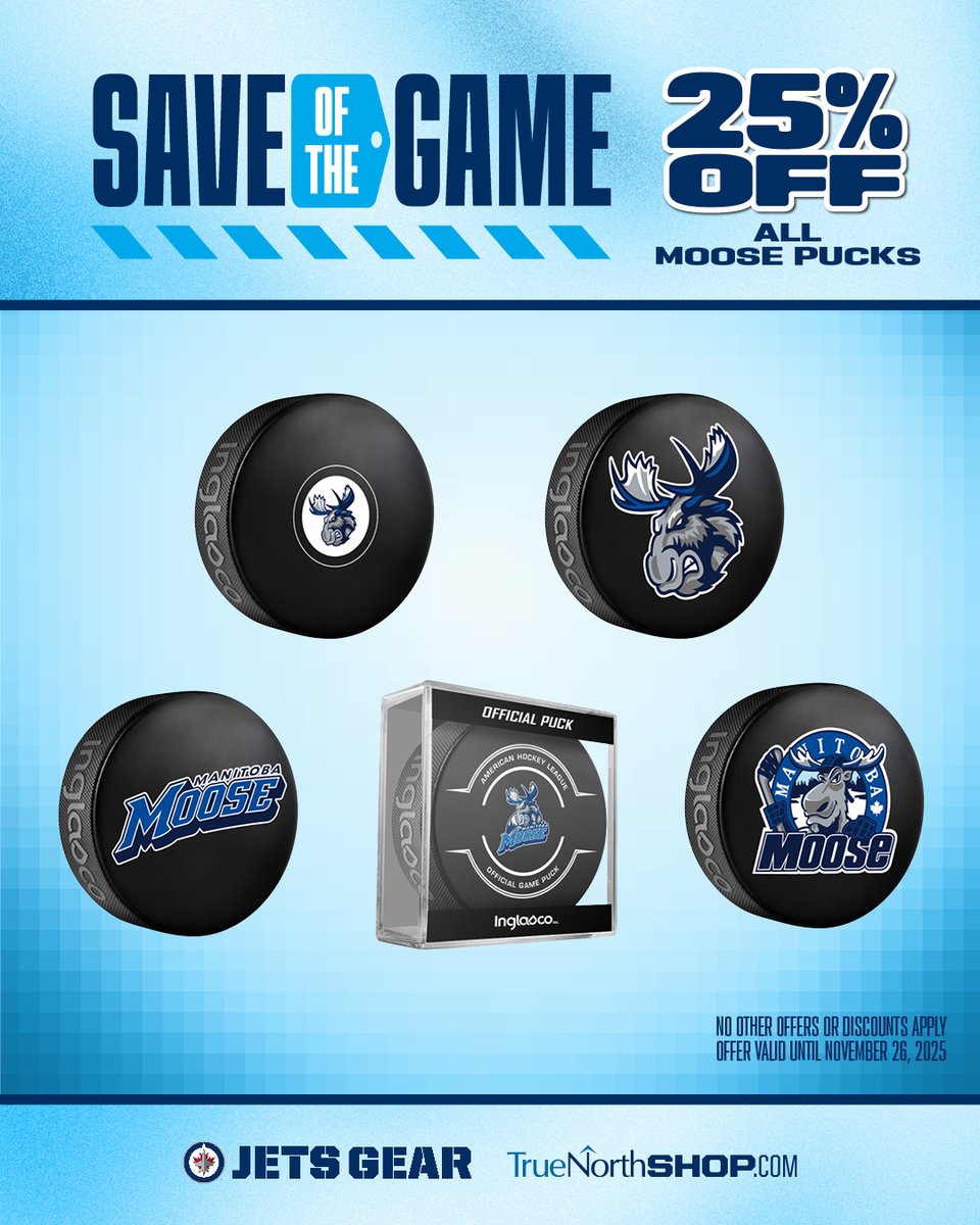 JetsGearStore's tweet image. GAMEDAY! #GoMooseGo 🫎

This is your last shot at getting 25% off on all in-stock @ManitobaMoose pucks! 🏒

📍 Available at all Jets Gear locations 
💻 Shop online ▶️ wpgjets.co/msotgnov25-26