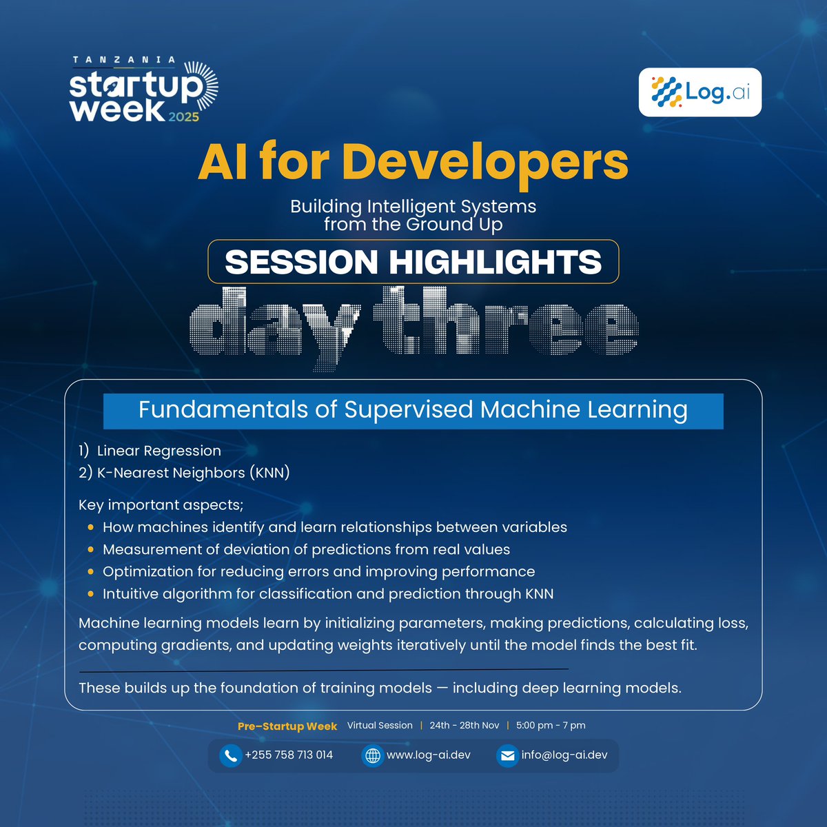 logai_dev's tweet image. Day 3 was a powerful deep dive into weights, bias, loss &amp;amp; gradient descent basics of Supervised Machine Learning — the foundation behind training all models, including deep learning.
#LogAI #TanzaniaStartupWeek2025 #PreStartupWeek #ML #DeepLearning #AI #DataScience
@TZStartupWeek