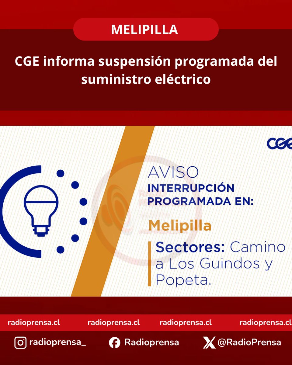 RadioPrensa's tweet image. #SiempreAlerta
Para mejorar la calidad del suministro de los clientes de Melipilla, este jueves, entre 10:00 y 16:00 horas, CGE realizará una #InterrupciónProgramada (sectores en la imagen 👇) debido a trabajos de mejoras. Recuerda desconectar tus artefactos 🔌