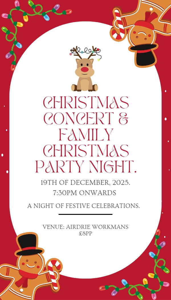 Christmas concert &amp; Christmas family party night will take place on Friday 19th of December. 

Venue: Airdrie Workman's 
Time: 7:30pm - till late 
Cost: £8pp. 

Tickets are on sale at classes - looking forward to seeing you all there 💛🎅🏼.