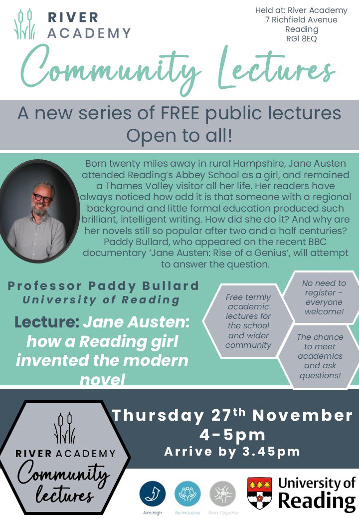 Miss__Angell's tweet image. Can’t wait for our next FREE community lecture happening tomorrow with Prof Paddy Bullard from @UniofReading 
Everyone welcome to attend @RiverAcReading! Come join us as we learn more about Austen &amp;amp; her connection to Reading
#JaneAusten #Free #CommunityEvent #TeamMET #TeamRiver