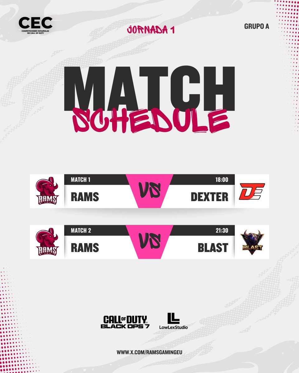 ¡Ya tenemos horarios y fecha de los dos partidos de esta primera Jornada de <a href="/CompeticionesES/">Competiciones Españolas de Call of Duty</a>!

Domingo 30/11/2025
18:00 vs <a href="/DexterEsportsES/">Dexter Esports</a> 

21:30 vs <a href="/TeamBlast952/">TEAM BLAST</a> 

#RamsGaming 🐏