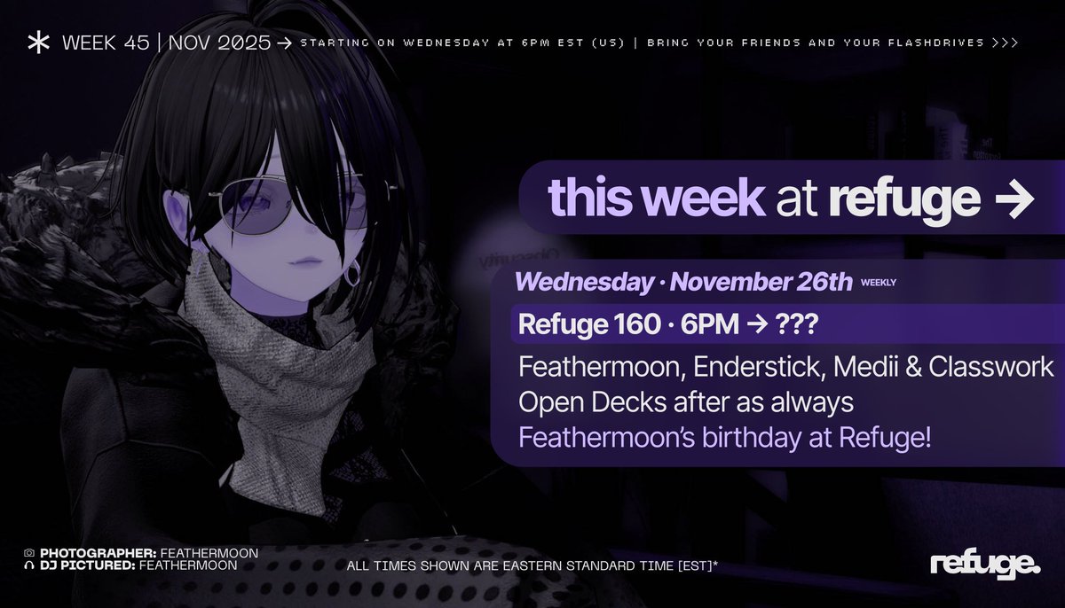 refuge_vr's tweet photo. Refuge 160 - Feathermoon's Birthday!

Wednesday || Nov 26th
6PM EST || 12AM CET https://t.co/YTK3tX6P37