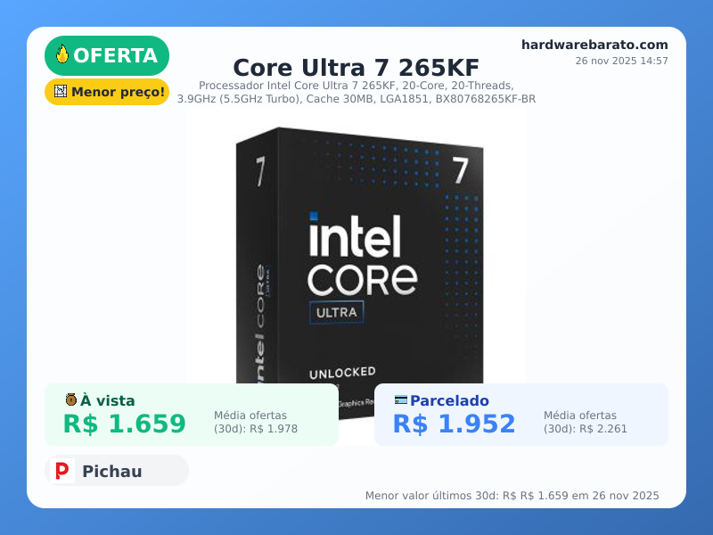 hardware_barato's tweet image. 🔥 Oferta encontrada!

🏷️ Intel Core Ultra 7 265KF, 20-Core, 20-Threads, 3.9GHz (... 

🏪 Loja: Pichau
💰 Preço à vista: R$ 1.659
💳 Parcelado: R$ 1.952

📊 Média à vista (30d): R$ 1.978
📊 Média parcelado (30d): R$ 2.261

🔗 Confira: hardwarebarato.com/l/st7fknm9m