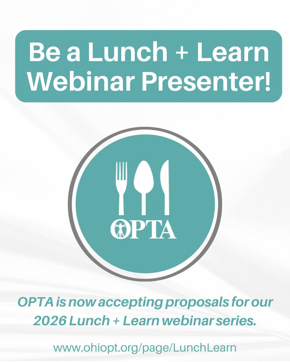 Ohio_PT's tweet image. Share your expertise on your favorite PT topic! OPTA is accepting proposals for our 2026 Lunch + Learn webinar series. 

View hot topics and submit your proposal here: ohiopt.org/page/LunchLearn