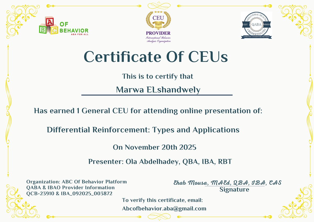 maro_saied's tweet image. 🎓 Received my Certificate of Attendance for the lecture “Differential Reinforcement” by ABC of Behavior and presented by Ola Abdelhadey.

A concise and insightful session that enriched my ABA practice. ✨

#ABA #RBT #BehaviorAnalysis #ProfessionalDevelopment