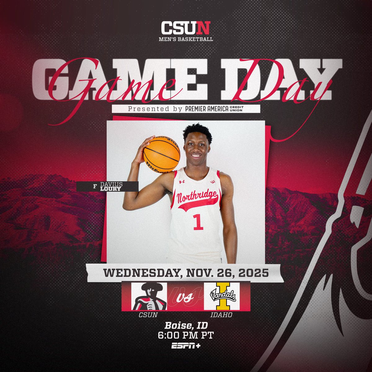 CSUNMBB's tweet image. Opening up play at the Holiday Hoops Classic

🆚 Idaho
⏰ 6:00 pm PT
📍 Idaho Central Arena
📺 ESPN+
📻 GoMatadors.com/Radio
💻 tinyurl.com/fjmn6m5u
📊 tinyurl.com/m9s63arx

#GoMatadors