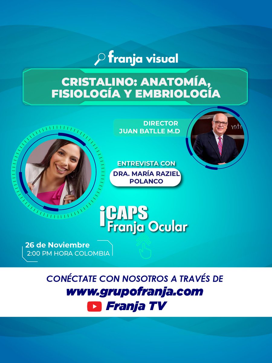 FranjaVisual's tweet image. #Webinar 👁️ La Dra. María Raziel realizará un recorrido por la embriología del cristalino, su crecimiento, sus capas y su metabolismo. 

Únete con #iCAPS a las 2 p.m. (Hora Col)

🔴 Transmisión en vivo: YouTube TVFranja
🔁 Retransmisión: 7:00 p.m por linkedin.

¡Te esperamos! ✅