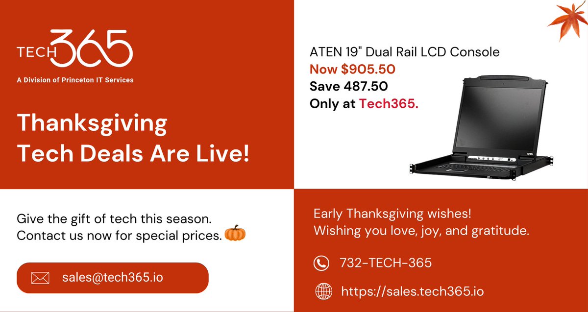 Tech365I's tweet image. 🚨 Thanksgiving Tech Deals Are Live at Tech365!
Grab the ATEN 19&quot; Dual Rail LCD Console — now just $905.50 (Save $487.50!)
Thanksgiving wishes filled with love, joy &amp;amp; gratitude. 🍁
📩 sales@tech365.io
📞 732-TECH-365
🌐 sales.tech365.io
#Tech365 #ThanksgivingDeals #ATEN
