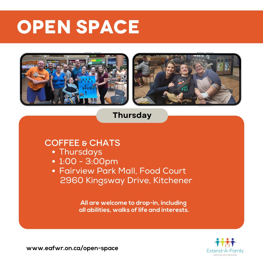 EAFWR's tweet image. Meet old friends and make new ones at our Kitchener Open Space Coffee &amp;amp; Chats, happening every Thursday at Fairview Park Mall from 1-3pm.

Open to all abilities, walks of life and interests: eafwr.on.ca/programs/open-…
#BetterTogetherWR #OpenSpace #community #KWAwesome