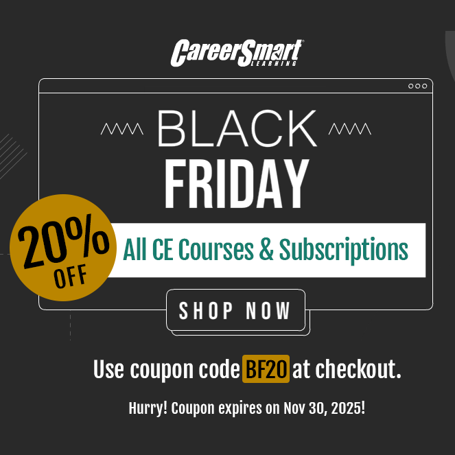 Career_Smart's tweet photo. Save big on already low prices! All online CE courses and subscriptions are 20% OFF with the coupon code BF20.

Hurry! Coupon expires on Nov 30, 2025! https://t.co/mZdNodrSyJ