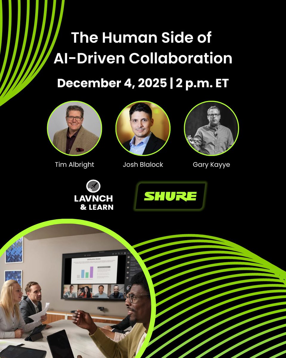 AVNationTV's tweet image. Unlock the human side of AI 🤖✨

Join @tdalbright, Josh Blalock &amp;amp; @gkayye as they explore how AI-driven collaboration is transforming teamwork and meeting spaces.

 📅 Dec 4, 2025 | 🕒 2 p.m. ET

Register now: lavnch.com/lavnch-and-lea…

#AVTweeps #ProAV #Shure #AVNation @shure